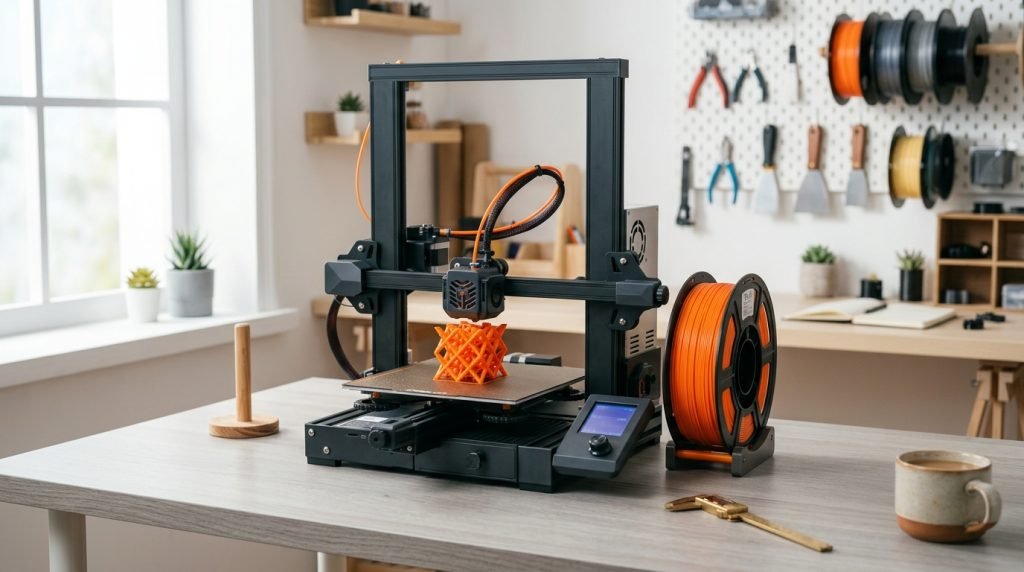 Impresora 3D FDM imprimiendo una pieza en filamento PLA naranja en un taller