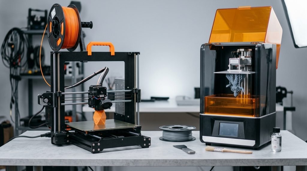 Comparación entre una impresora 3D FDM y una de resina sobre una mesa de trabajo