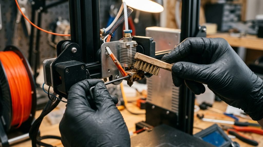Manos con guantes limpiando la boquilla de una impresora 3D durante el mantenimiento